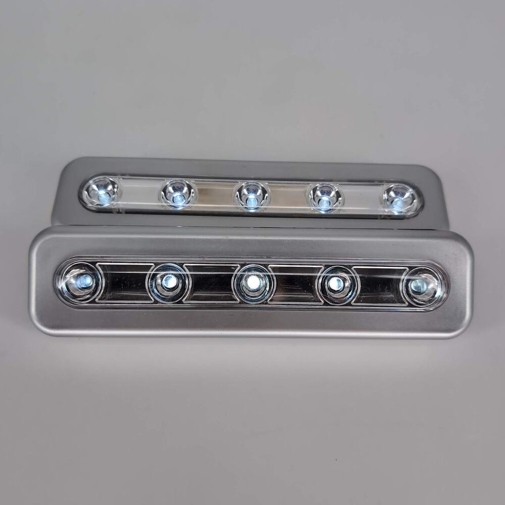 TWO Silver 5 LED Battery Operated Stick-On Push Lights for Closets/Under Cabinet